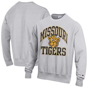 Men's Champion Gray Missouri Tigers Distressed Arch Over Logo Reverse Weave Crew Neck Sweatshirt