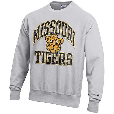 Men's Champion Gray Missouri Tigers Distressed Arch Over Logo Reverse Weave Crew Neck Sweatshirt