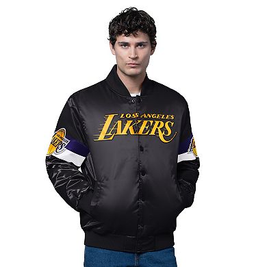 Men's Starter Black Los Angeles Lakers Triple Option Varsity Full-Snap Satin Jacket