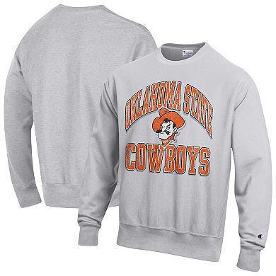 Men's Champion Gray Oklahoma State Cowboys Distressed Arch Over Logo Reverse Weave Crew Neck Sweatshirt