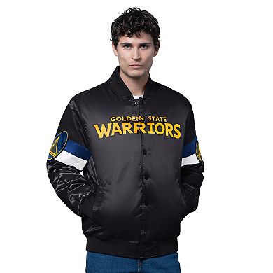 Men's Starter Black Golden State Warriors Triple Option Varsity Full-Snap Satin Jacket