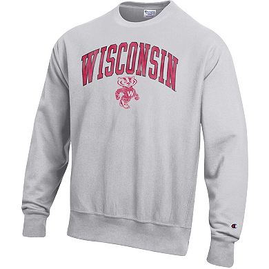 Men's Champion Gray Wisconsin Badgers Distressed Arch Over Logo Reverse Weave Crew Neck Sweatshirt