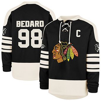 Men's '47 Connor Bedard Black Chicago Blackhawks Player Name & Number Sweep Check Eternal Lacer Sweatshirt