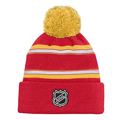 Youth Outerstuff Red Calgary Flames Jacquard Cuffed Knit Hat with Pom