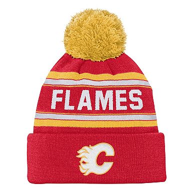 Youth Outerstuff Red Calgary Flames Jacquard Cuffed Knit Hat with Pom