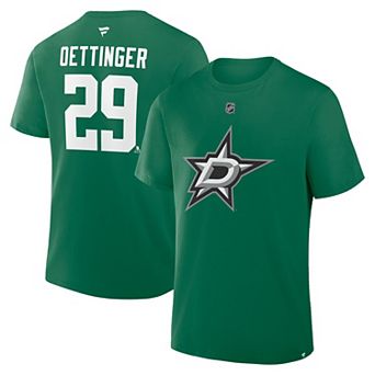Men's Fanatics Jake Oettinger Kelly Green Dallas Stars Authentic Stack Name & Number T-Shirt