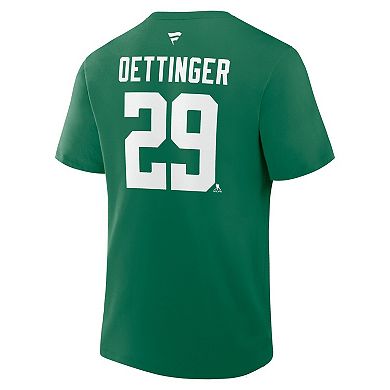 Men's Fanatics Jake Oettinger Kelly Green Dallas Stars Authentic Stack Name & Number T-Shirt