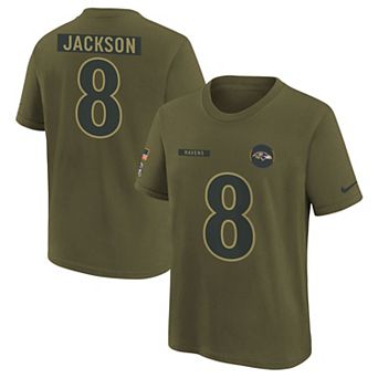 Youth Nike Lamar Jackson Olive Baltimore Ravens 2025 Salute to Service Name & Number T-Shirt
