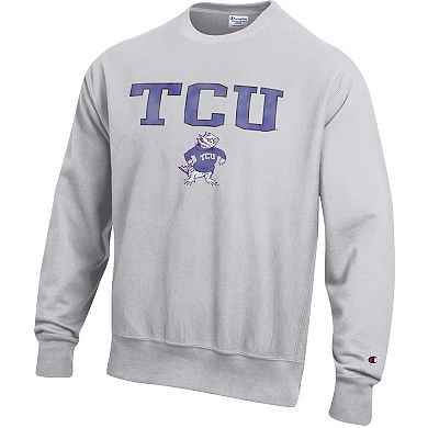 Men's Champion Gray TCU Horned Frogs Distressed Arch Over Logo Reverse Weave Crew Neck Sweatshirt