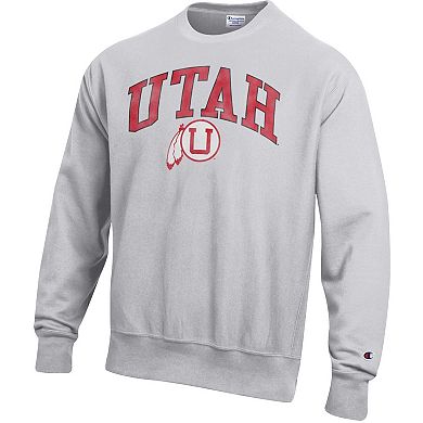 Men's Champion Gray Utah Utes Distressed Arch Over Logo Reverse Weave Crew Neck Sweatshirt