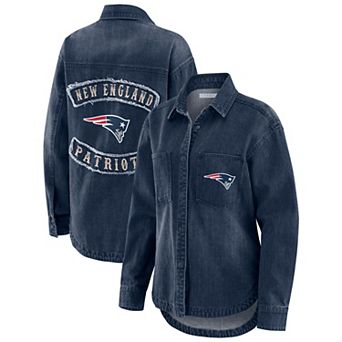 Women's WEAR by Erin Andrews Denim New England Patriots Washed Oversized Denim Full-Snap Shacket
