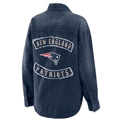 Women's WEAR by Erin Andrews Denim New England Patriots Washed Oversized Denim Full-Snap Shacket