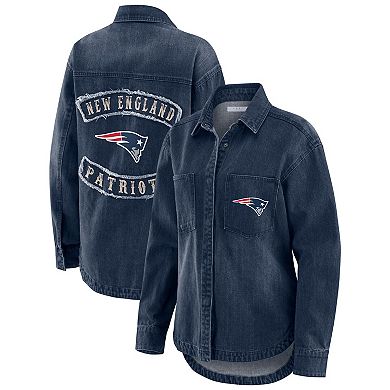 Women's WEAR by Erin Andrews Denim New England Patriots Washed Oversized Denim Full-Snap Shacket