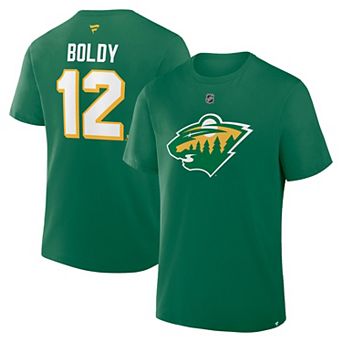 Men's Fanatics Matthew Boldy Kelly Green Minnesota Wild Alternate Authentic Stack Name & Number T-Shirt