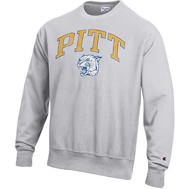 Men's Champion Gray Pitt Panthers Distressed Arch Over Logo Reverse Weave Crew Neck Sweatshirt