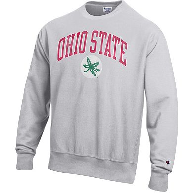 Men's Champion Gray Ohio State Buckeyes Distressed Arch Over Logo Reverse Weave Crew Neck Sweatshirt