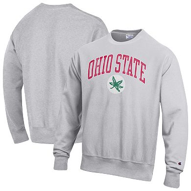 Men's Champion Gray Ohio State Buckeyes Distressed Arch Over Logo Reverse Weave Crew Neck Sweatshirt