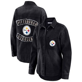 Women's WEAR by Erin Andrews Black Pittsburgh Steelers Washed Oversized Denim Full-Snap Shacket