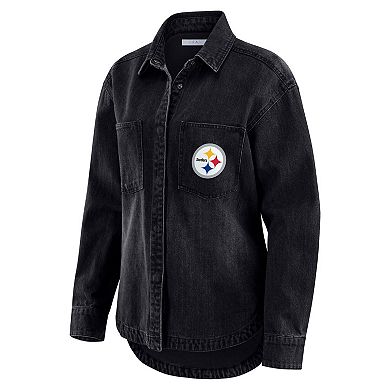 Women's WEAR by Erin Andrews Black Pittsburgh Steelers Washed Oversized Denim Full-Snap Shacket
