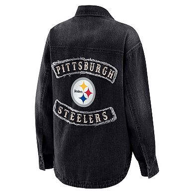 Women's WEAR by Erin Andrews Black Pittsburgh Steelers Washed Oversized Denim Full-Snap Shacket