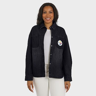 Women's WEAR by Erin Andrews Black Pittsburgh Steelers Washed Oversized Denim Full-Snap Shacket
