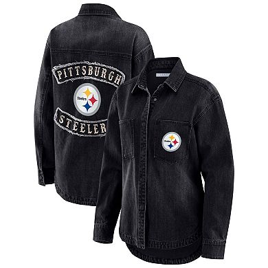 Women's WEAR by Erin Andrews Black Pittsburgh Steelers Washed Oversized Denim Full-Snap Shacket