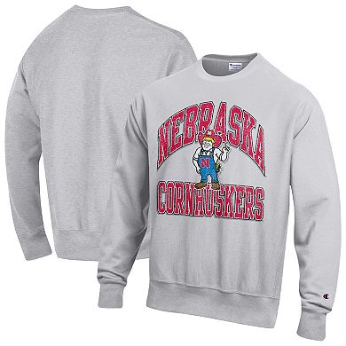 Men's Champion Gray Nebraska Huskers Distressed Arch Over Logo Reverse Weave Crew Neck Sweatshirt