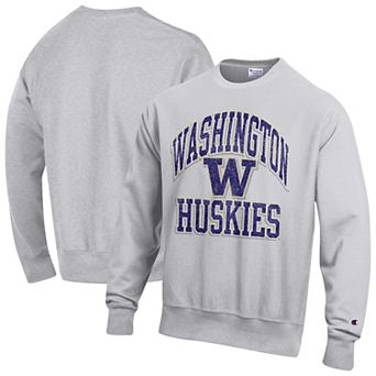 Men's Champion Gray Washington Huskies Distressed Arch Over Logo Reverse Weave Crew Neck Sweatshirt