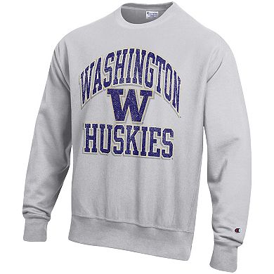 Men's Champion Gray Washington Huskies Distressed Arch Over Logo Reverse Weave Crew Neck Sweatshirt