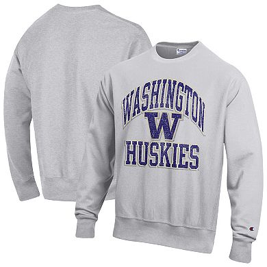 Men's Champion Gray Washington Huskies Distressed Arch Over Logo Reverse Weave Crew Neck Sweatshirt