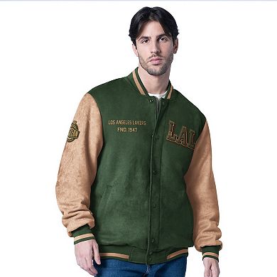 Men's G-III Sports by Carl Banks Olive Los Angeles Lakers Infielder Faux Suede Full-Zip Varsity Jacket