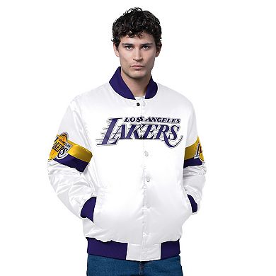 Men's Starter White Los Angeles Lakers Triple Option Varsity Full-Snap Satin Jacket
