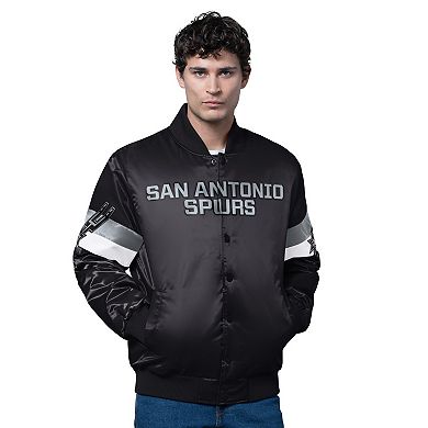 Men's Starter Black San Antonio Spurs Triple Option Varsity Full-Snap Satin Jacket