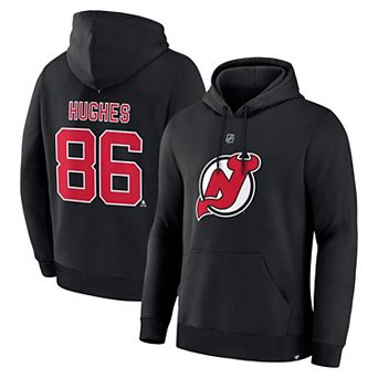 Men's Fanatics Jack Hughes Black New Jersey Devils Authentic Stack Name & Number Hoodie