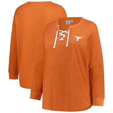 Women's Fanatics Burnt Orange Texas Longhorns Lace-Up Waffle Knit Plus Size Long Sleeve T-Shirt