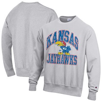Men's Champion Gray Kansas Jayhawks Distressed Arch Over Logo Reverse Weave Crew Neck Sweatshirt