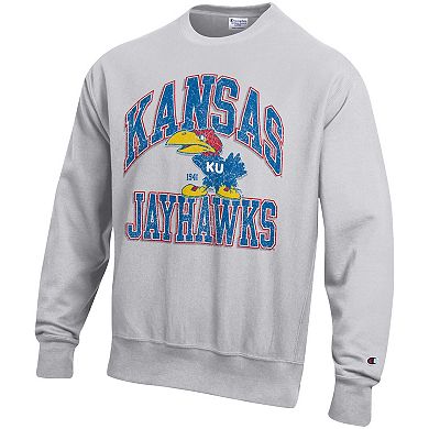 Men's Champion Gray Kansas Jayhawks Distressed Arch Over Logo Reverse Weave Crew Neck Sweatshirt