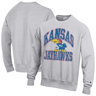 Men's Champion Gray Kansas Jayhawks Distressed Arch Over Logo Reverse Weave Crew Neck Sweatshirt