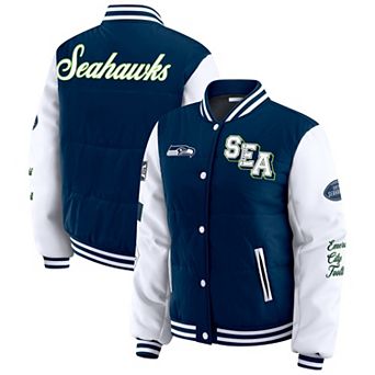 Women's WEAR by Erin Andrews College Navy Seattle Seahawks Varsity Full-Snap Puffer Jacket