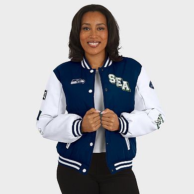 Women's WEAR by Erin Andrews College Navy Seattle Seahawks Varsity Full-Snap Puffer Jacket