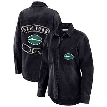 Women's WEAR by Erin Andrews Black New York Jets Washed Oversized Denim Full-Snap Shacket