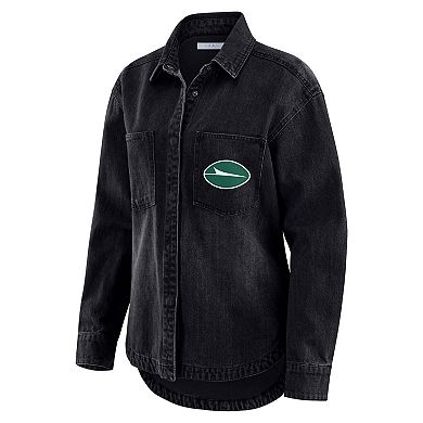 Women's WEAR by Erin Andrews Black New York Jets Washed Oversized Denim Full-Snap Shacket