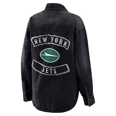 Women's WEAR by Erin Andrews Black New York Jets Washed Oversized Denim Full-Snap Shacket