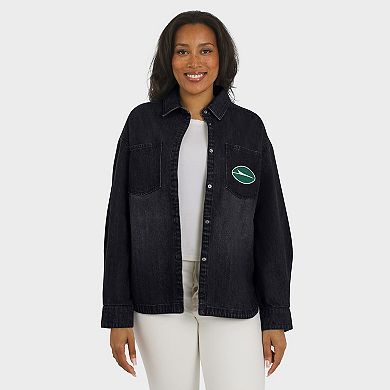 Women's WEAR by Erin Andrews Black New York Jets Washed Oversized Denim Full-Snap Shacket