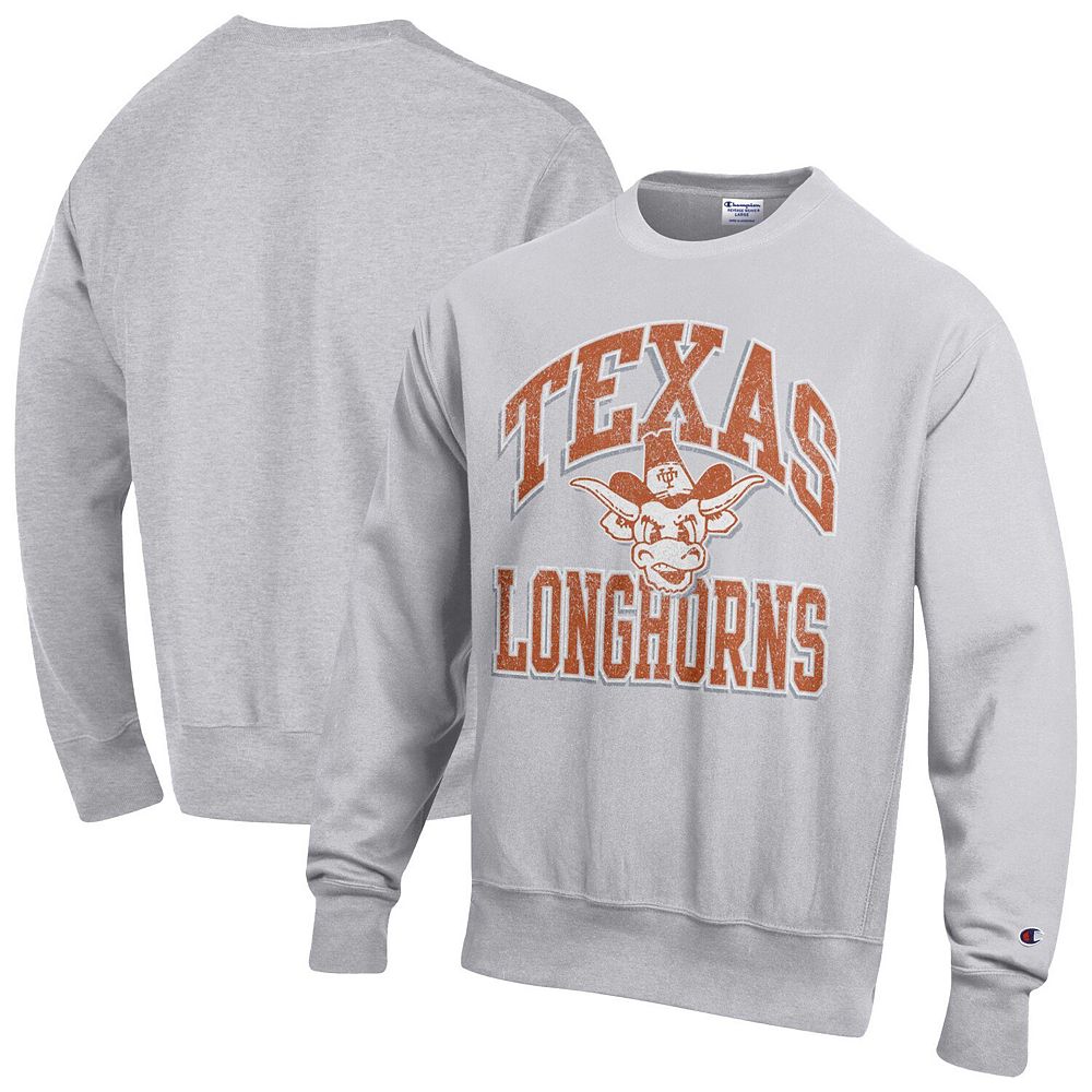 Men's Champion Gray Texas Longhorns Distressed Arch Over Logo Reverse Weave  Crew Neck Sweatshirt, image size:1000x1000