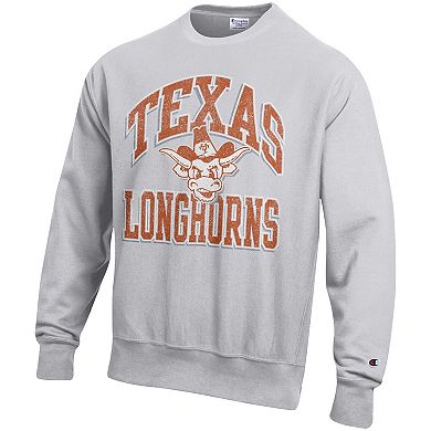 Men's Champion Gray Texas Longhorns Distressed Arch Over Logo Reverse Weave Crew Neck Sweatshirt