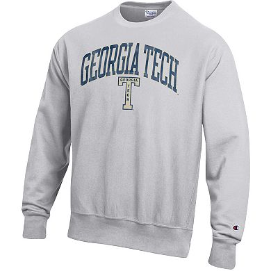 Men's Champion Gray Georgia Tech Yellow Jackets Distressed Arch Over Logo Reverse Weave Crew Neck Sweatshirt