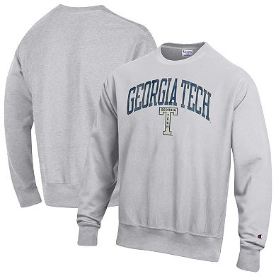 Men's Champion Gray Georgia Tech Yellow Jackets Distressed Arch Over Logo Reverse Weave Crew Neck Sweatshirt
