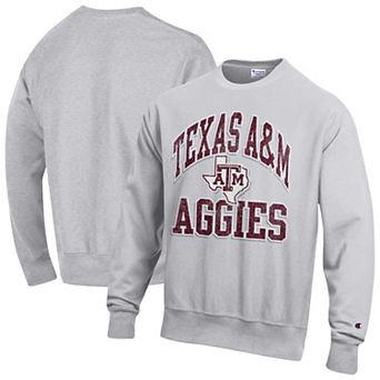 Men's Champion Gray Texas A&M Aggies Distressed Arch Over Logo Reverse Weave Crew Neck Sweatshirt