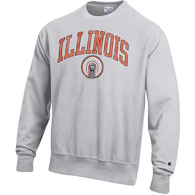 Men's Champion Heather Gray Illinois Fighting Illini Distressed Arch Over Logo Reverse Weave Crew Neck Sweatshirt
